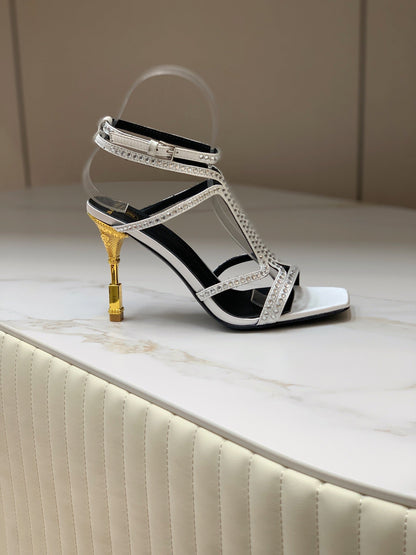 BALMAIN 25S MONETA SANDAL 95MM IN SILVER CALFSKIN WITH CRYSTAL