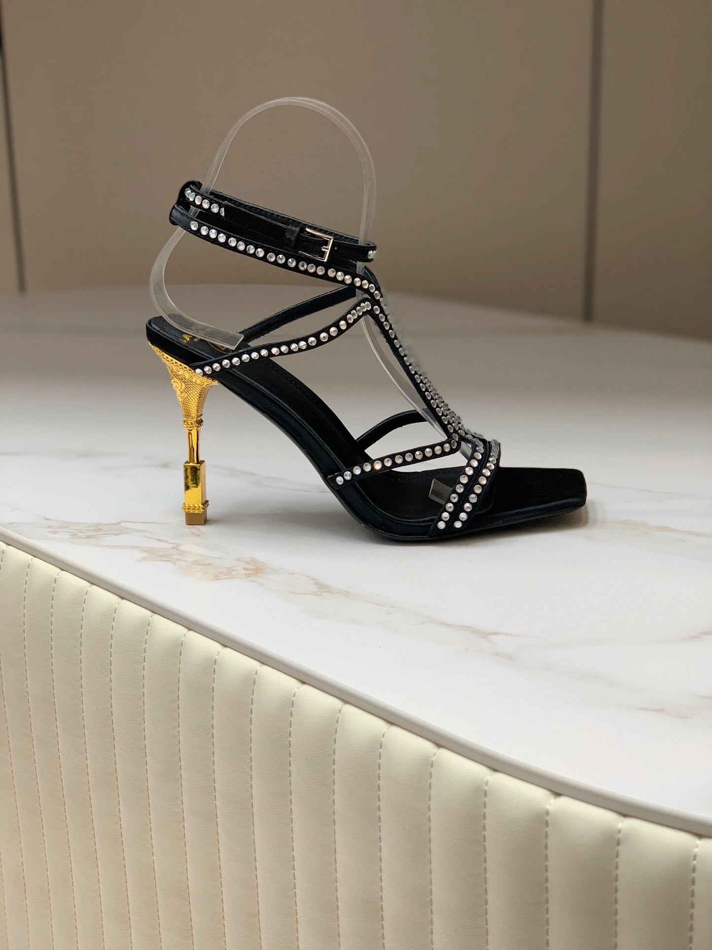 BALMAIN 25S MONETA SANDAL 95MM IN BLACK CALFSKIN WITH CRYSTAL