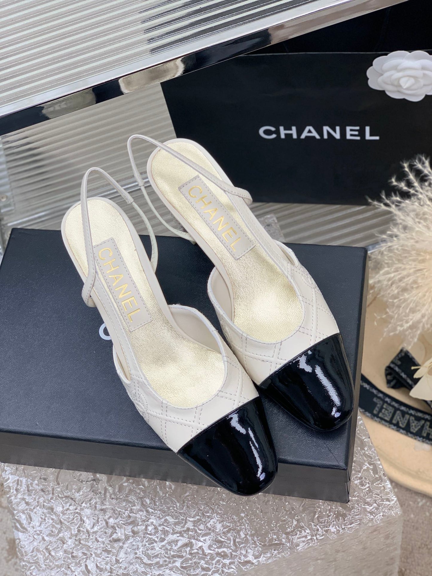 HIGH SLINGBACKS 65 WHITE MIX BLACK CALFSKIN