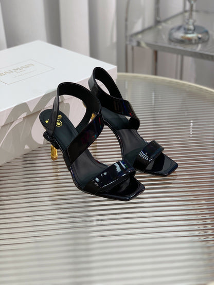 BALMAIN 25S HIGH HEEL SANDALS 95MM IN BLACK GLOSSY CALFSKIN
