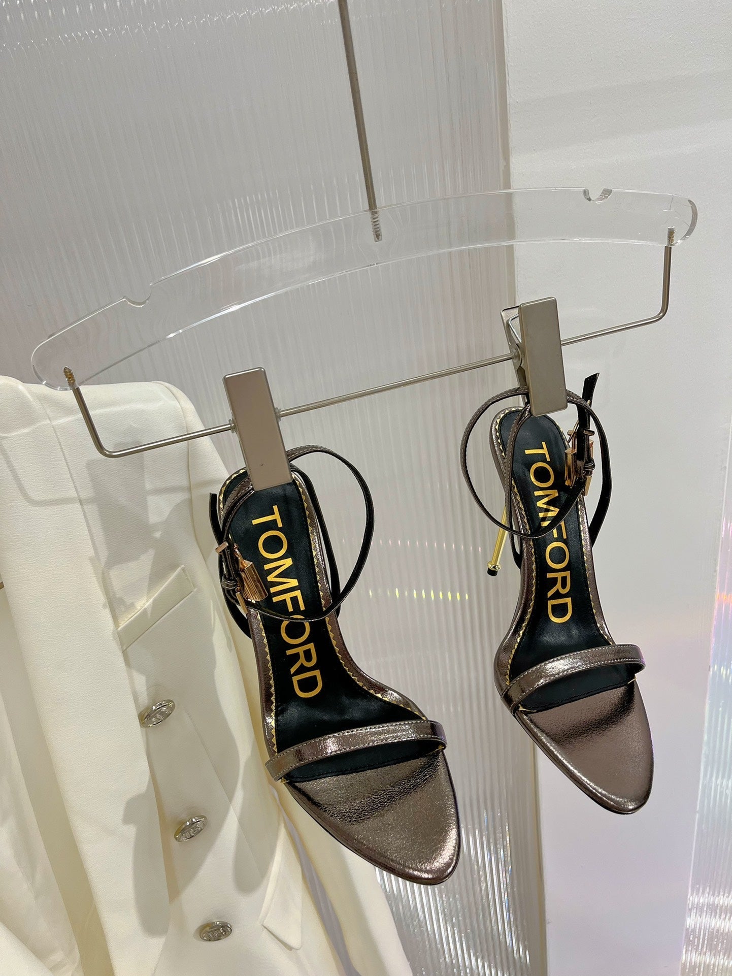 PADLOCK HIGH HEEL 10 CM SANDAL IN COFFEE BROWN SHEEPSKIN