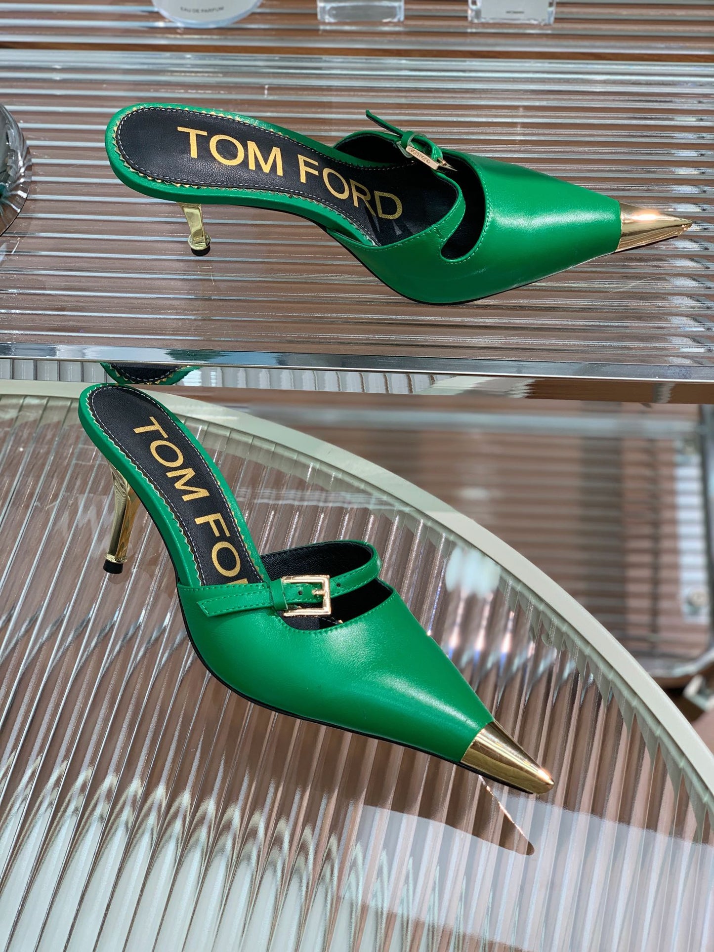 HIGH PUMP MULE 7 CM IN EMERALD GREEN CALFSKIN