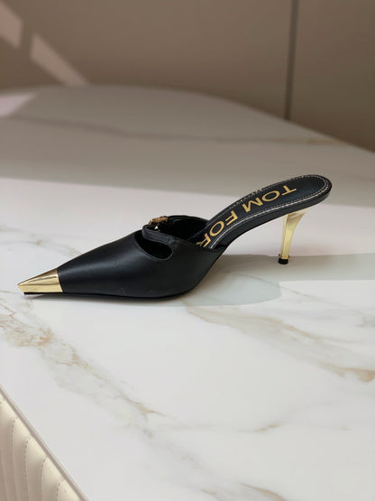 HIGH PUMP MULE 7 CM IN BLACK CALFSKIN