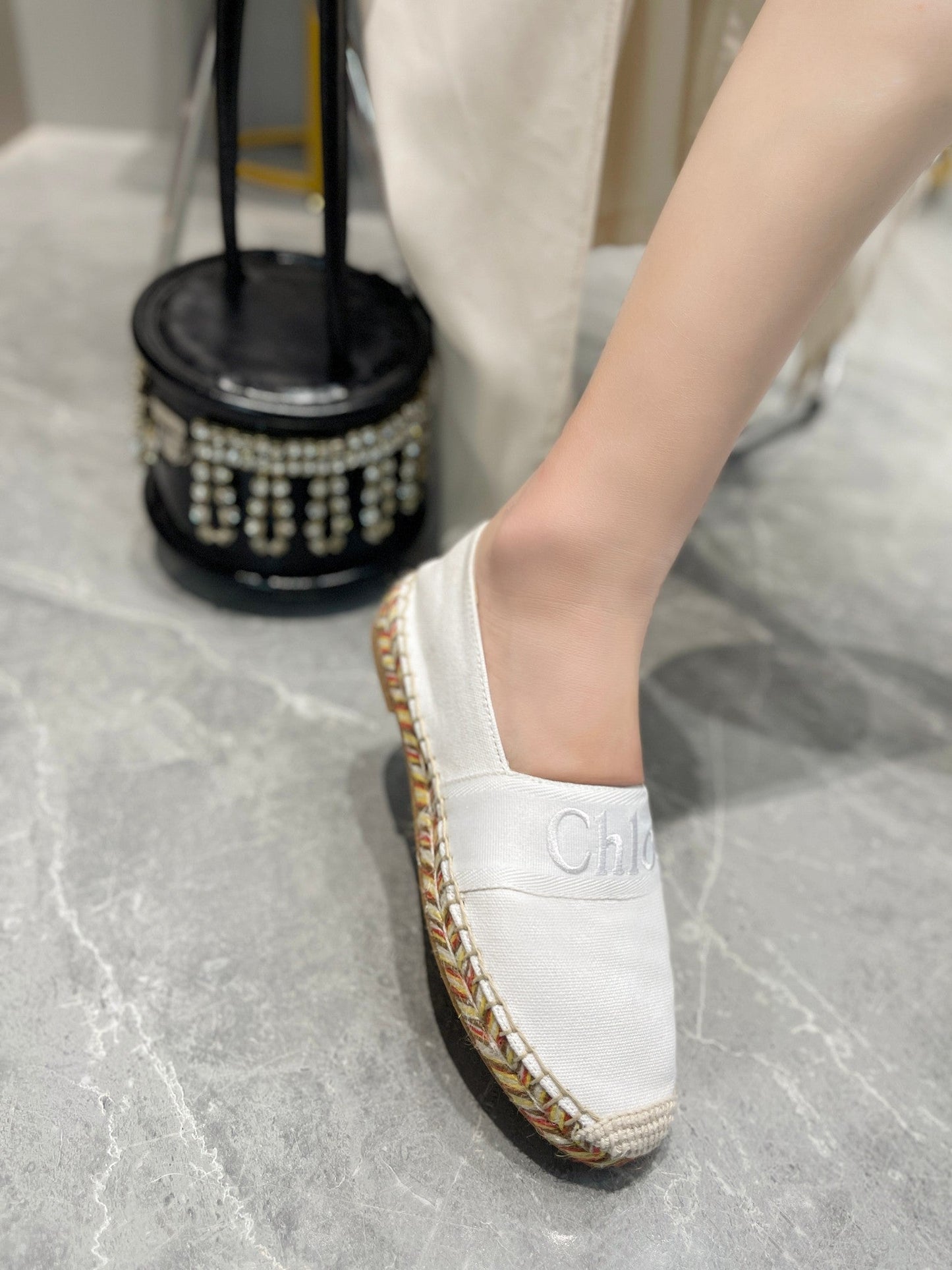 LOAFERS IN WHITE FABRIC AND RAFFIA