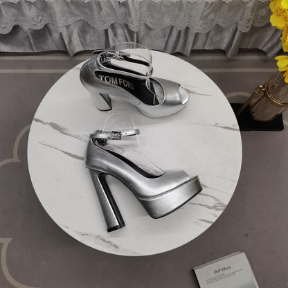 PADLOCK PLATFORM PEEP TOE PUMP 14 CM IN SILVER GRAINED CALFSKIN