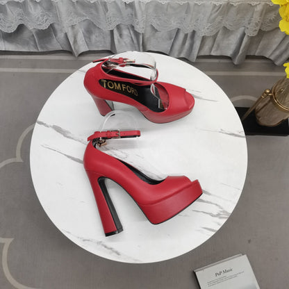 PADLOCK PLATFORM PEEP TOE PUMP 14 CM IN RUBY RED CALFSKIN