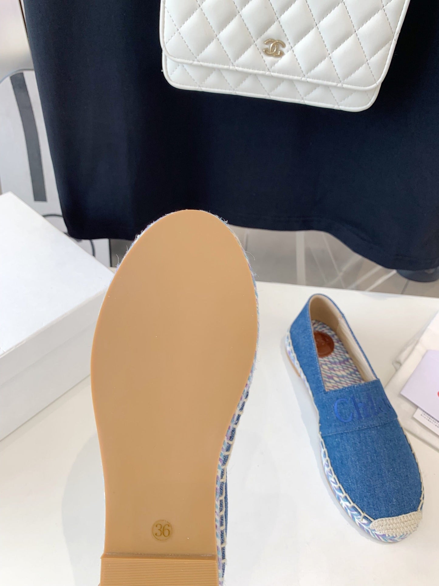 LOAFER SHOES IN CERULEAN BLUE DENIM AND WOVEN RAFFIA