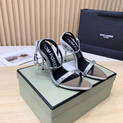 CRYSTAL PADLOCK HIGH HEEL 10 CM SANDAL IN SILVER SHEEPSKIN