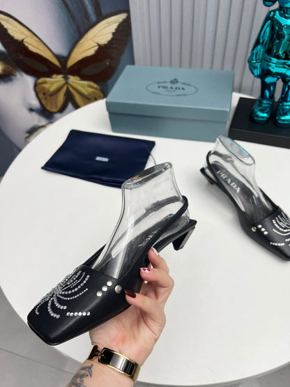 PRADA 26S SLINGBACK PUMPS 40MM IN BLACK CALFSKIN CRYSTAL EMBELLISHED