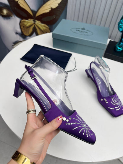 PRADA 26S SLINGBACK PUMPS 40MM IN PURPLE SATIN CRYSTAL EMBELLISHED