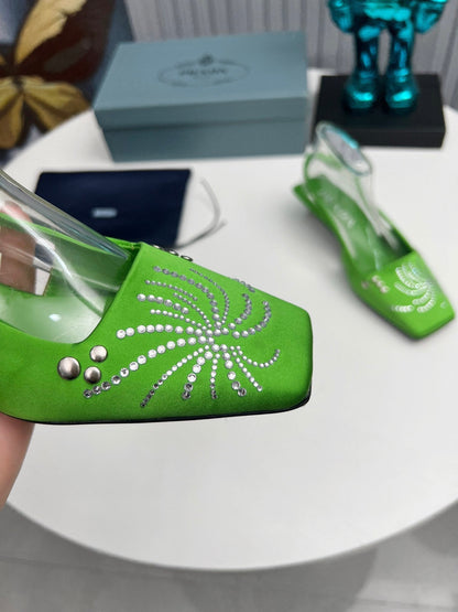 PRADA 26S SLINGBACK PUMPS 40MM IN APPLE GREEN SATIN CRYSTAL EMBELLISHED