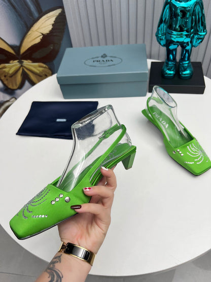 PRADA 26S SLINGBACK PUMPS 40MM IN APPLE GREEN SATIN CRYSTAL EMBELLISHED
