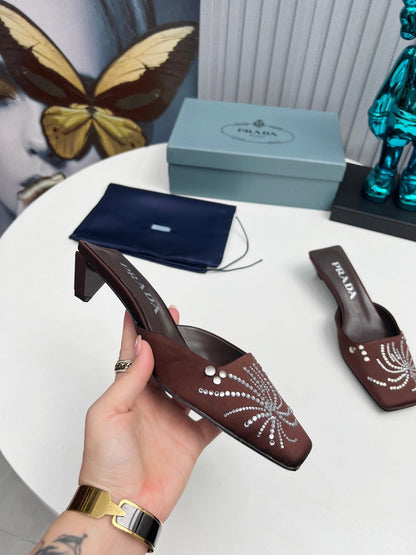 PRADA 26S MULE 40MM IN DARK BROWN SATIN CRYSTAL EMBELLISHED