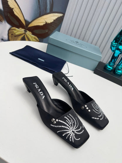 PRADA 26S MULE 40MM IN BLACK SATIN CRYSTAL EMBELLISHED