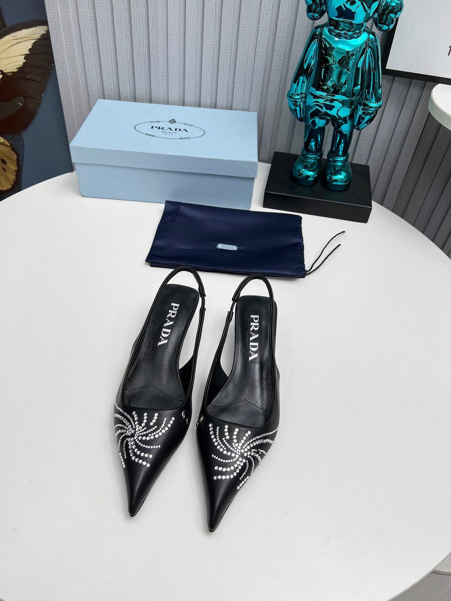 PRADA 26S POINTED TOE SLINGBACK 40MM IN BLACK CALFSKIN CRYSTAL EMBELLISHED