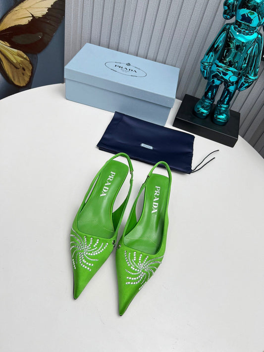PRADA 26S POINTED TOE SLINGBACK 40MM IN APPLE GREEN SATIN CRYSTAL EMBELLISHED