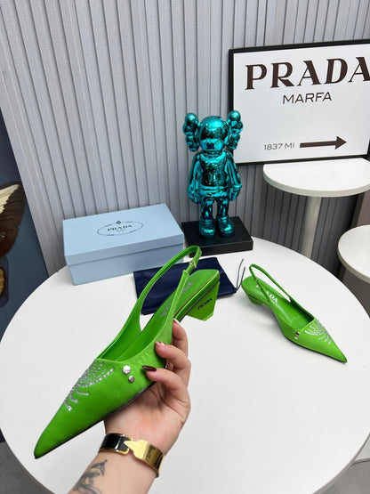 PRADA 26S POINTED TOE SLINGBACK 40MM IN APPLE GREEN SATIN CRYSTAL EMBELLISHED
