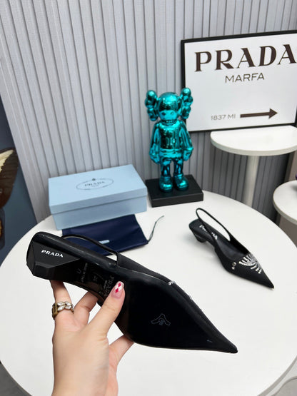 PRADA 26S POINTED TOE SLINGBACK 40MM IN BLACK SATIN CRYSTAL EMBELLISHED