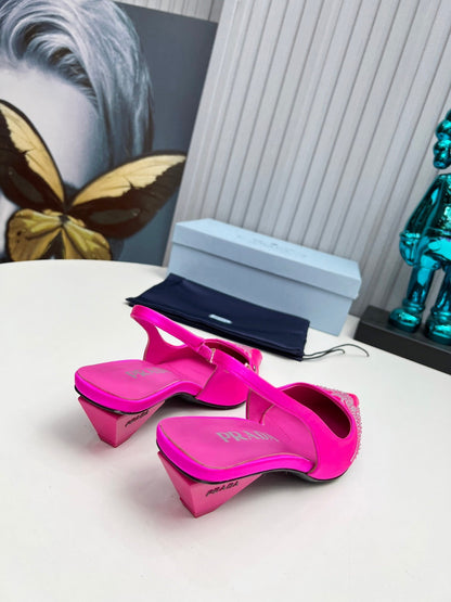PRADA 26S POINTED TOE SLINGBACK 40MM IN FUCHSIA PINK SATIN CRYSTAL EMBELLISHED