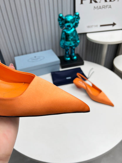 PRADA 26S POINTED TOE SLINGBACK 40MM IN ORANGE SATIN