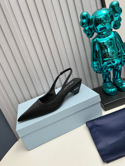 PRADA 26S POINTED TOE SLINGBACK 40MM IN BLACK SATIN