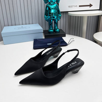 PRADA 26S POINTED TOE SLINGBACK 40MM IN BLACK SATIN