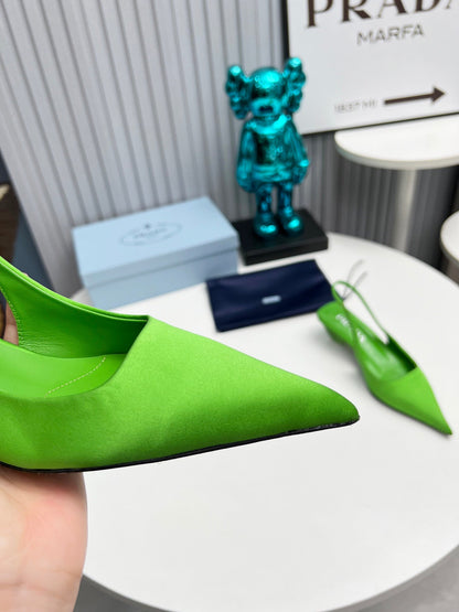 PRADA 26S POINTED TOE SLINGBACK 40MM IN APPLE GREEN SATIN