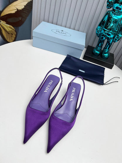 PRADA 26S POINTED TOE SLINGBACK 40MM IN PURPLE SATIN