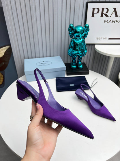 PRADA 26S POINTED TOE SLINGBACK 40MM IN PURPLE SATIN