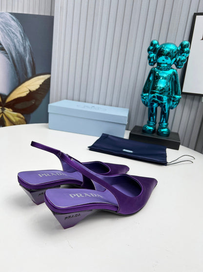 PRADA 26S POINTED TOE SLINGBACK 40MM IN PURPLE SATIN