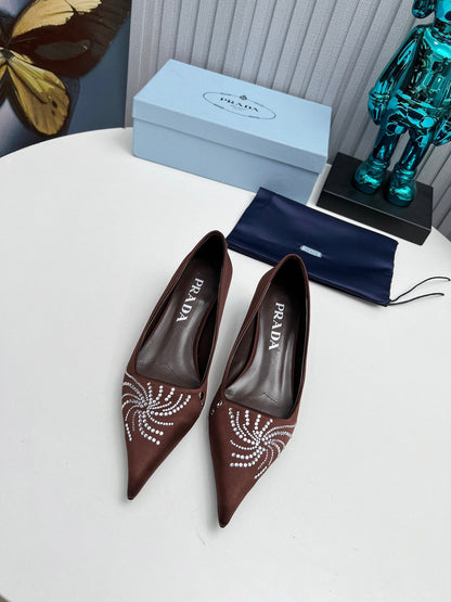 PRADA 26S POINTED TOE PUMPS 40MM IN DARK BROWN SATIN CRYSTAL EMBELLISHED