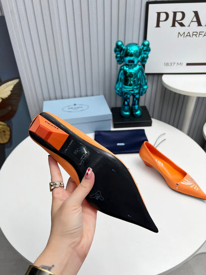 PRADA 26S POINTED TOE PUMPS 40MM IN ORANGE SATIN CRYSTAL EMBELLISHED