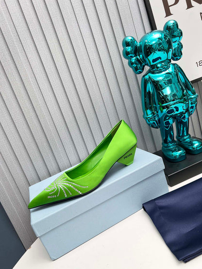 PRADA 26S POINTED TOE PUMPS 40MM IN APPLE GREEN SATIN CRYSTAL EMBELLISHED