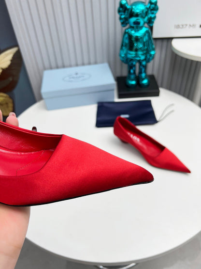 PRADA 26S POINTED TOE PUMPS 40MM IN RED SATIN