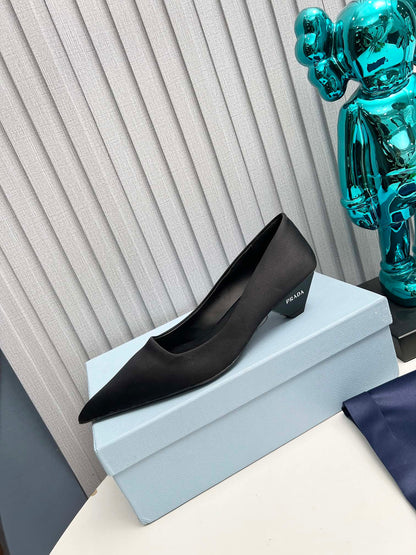 PRADA 26S POINTED TOE PUMPS 40MM IN BLACK SATIN
