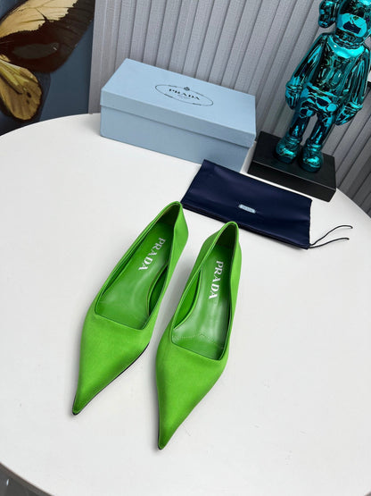 PRADA 26S POINTED TOE PUMPS 40MM IN APPLE GREEN SATIN