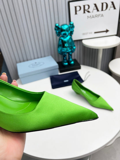 PRADA 26S POINTED TOE PUMPS 40MM IN APPLE GREEN SATIN