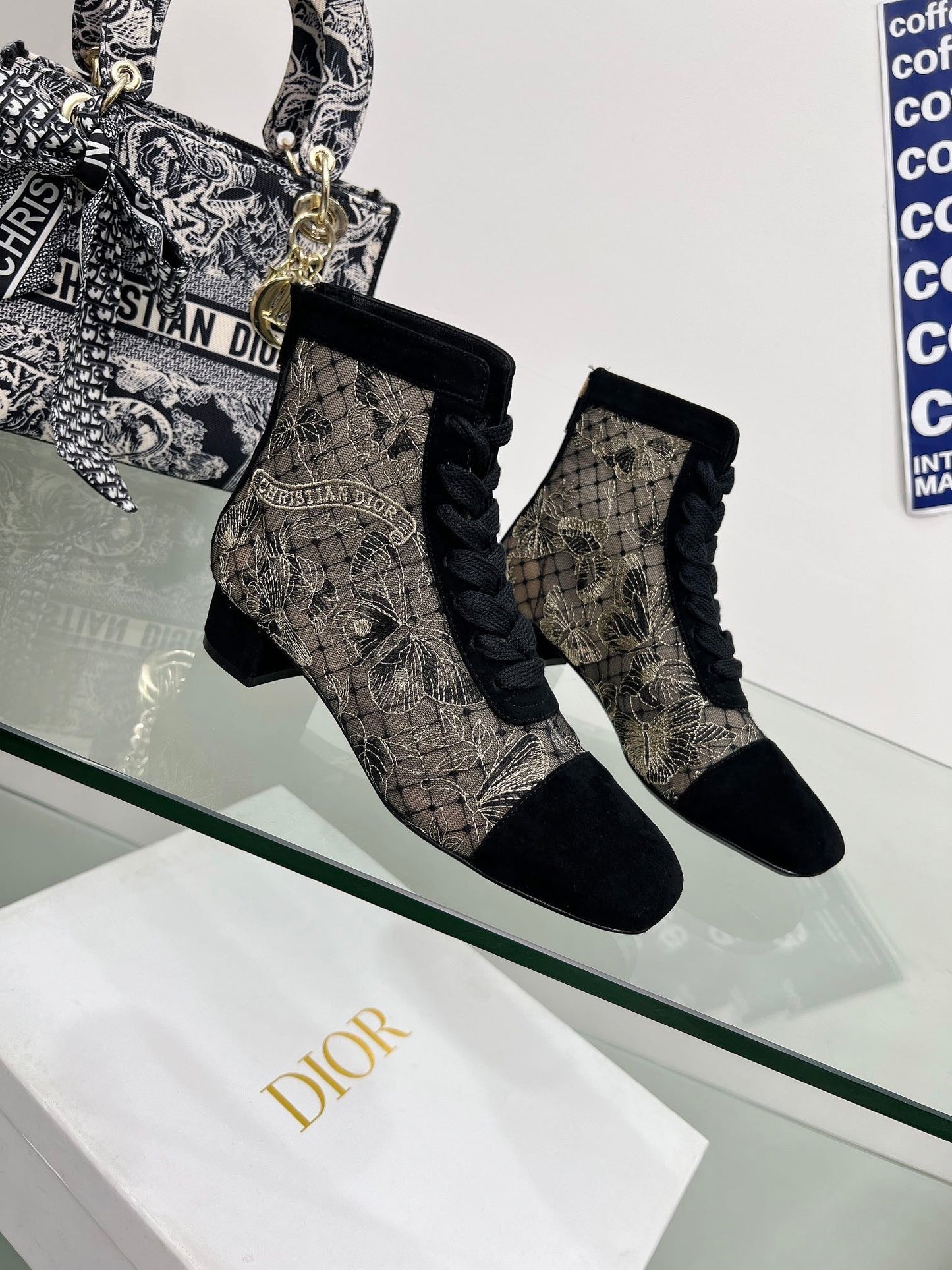 DIOR 25S NAUGHTILY-D ANKLE BOOTS 35 MM IN BLACK MESH TULLE AND SUEDE