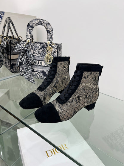 DIOR 25S NAUGHTILY-D ANKLE BOOTS 35 MM IN BLACK MESH TULLE AND SUEDE