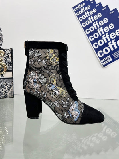 DIOR 25S NAUGHTILY-D ANKLE BOOTS 80 MM IN BLACK MESH TULLE AND SUEDE STYLE 2