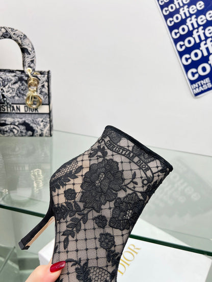 DIOR 25S POINTED-TOE ANKLE BOOTS 95 MM IN BLACK MESH TULLE AND SUEDE
