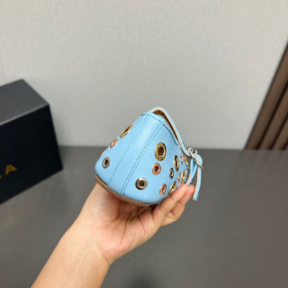 ALAIA MARY JANE SHOES IN LIGHT BLUE LAMBSKIN GOLD MIX SILVER HARDWARE
