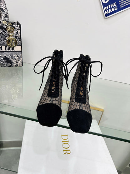 NAUGHTILY-D HEELED ANKLE BOOT IN BLACK EMBROIDERED MESH AND SUEDE 35 MM