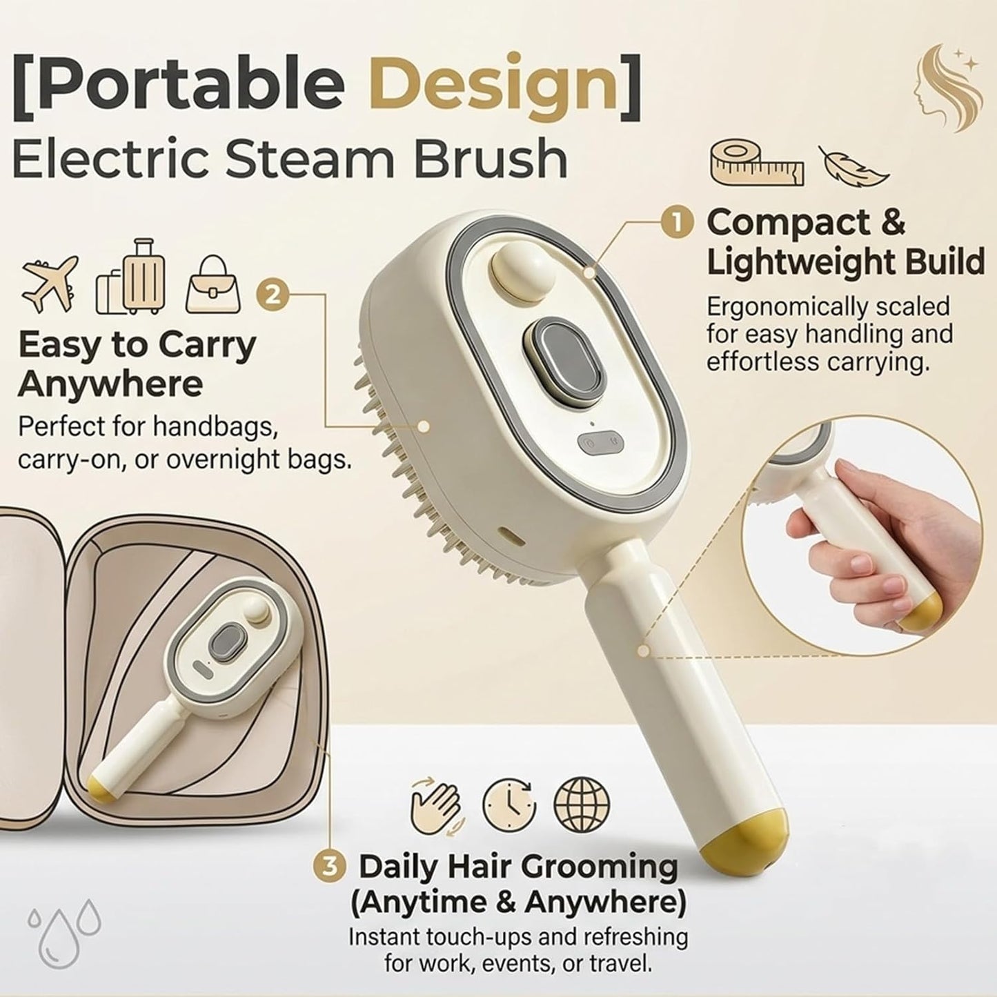 2026 New Electric Steam Brush, Electric Steam Brushs for Hair, Rechargeable Steam Hair Straightener with Water Spray, Detangling Steam Brush for Reduce Frizz, Nourishes Hairs (Beige Set)