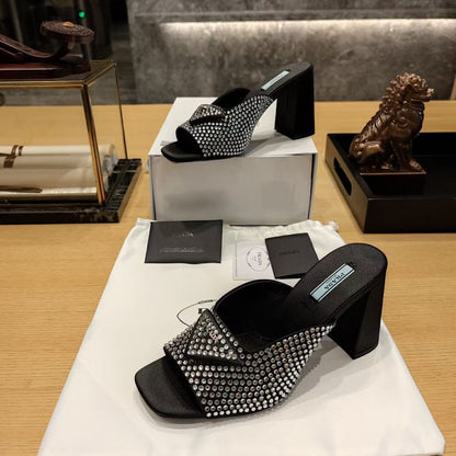 PRA EMBELLISHED SATIN SANLDALS IN BLACK