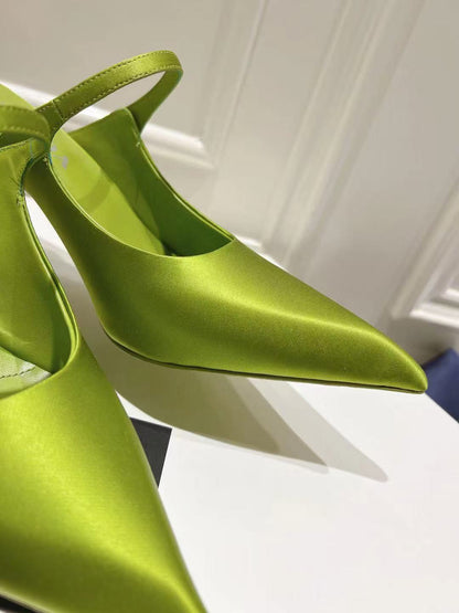 PRA 75 POINTED SATIN MULES IN GREEN FLEECE HEEL