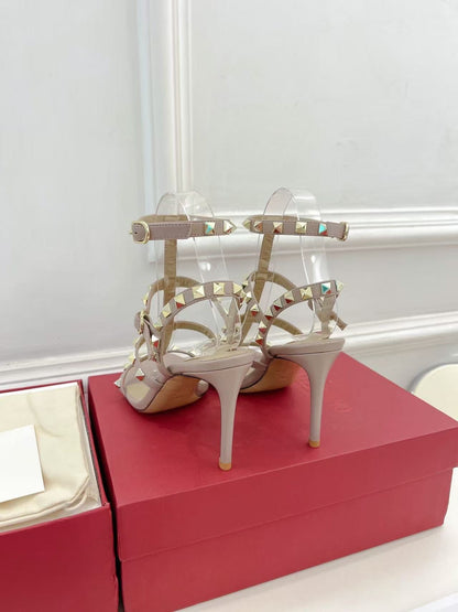 VALENTINO 26S ROCKSTUD CAGED SANDALS IN POWDER PINK CALFSKIN LEATHER