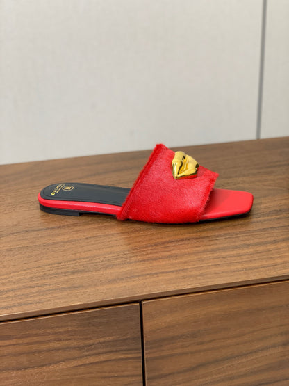 BALMAIN 26S LIP-EMBELLISHED SLIDES IN RED PONY HAIR WITH GOLD HARDWARE