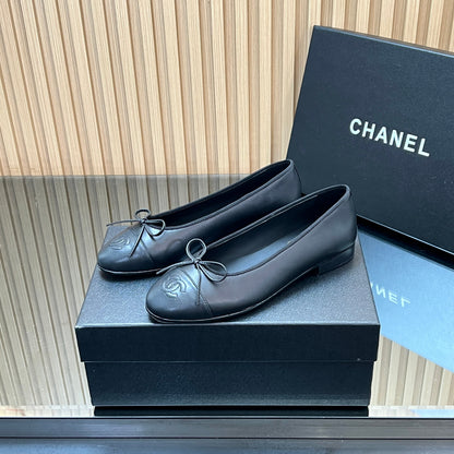 CHANEL 25S BALLET FLATS 20MM IN BLACK CALFSKIN WITH BOW