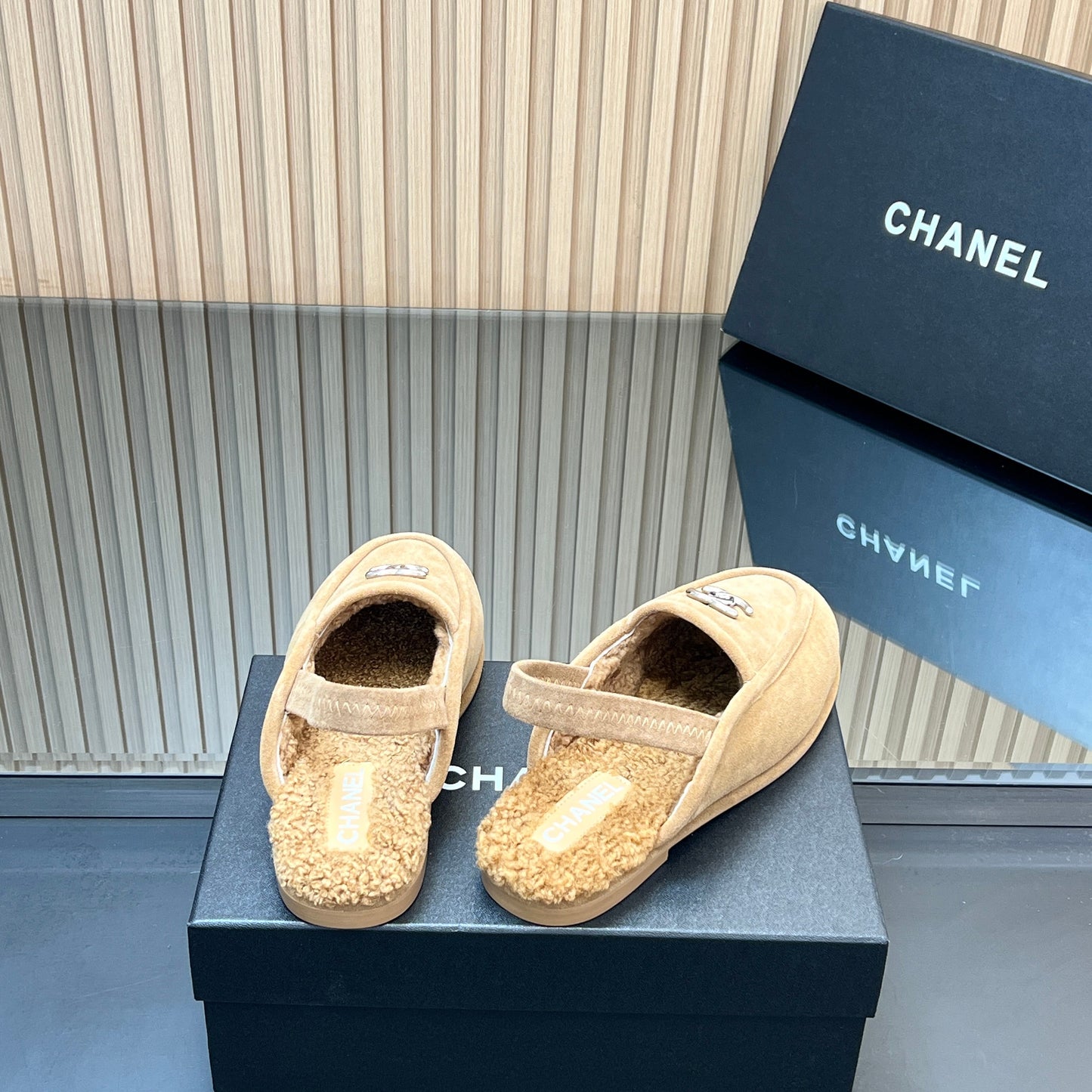 CHANEL 25S BACK STRAP MULE 15MM IN LIGHT BROWN SUEDE AND WOOL SILVER HARDWRE
